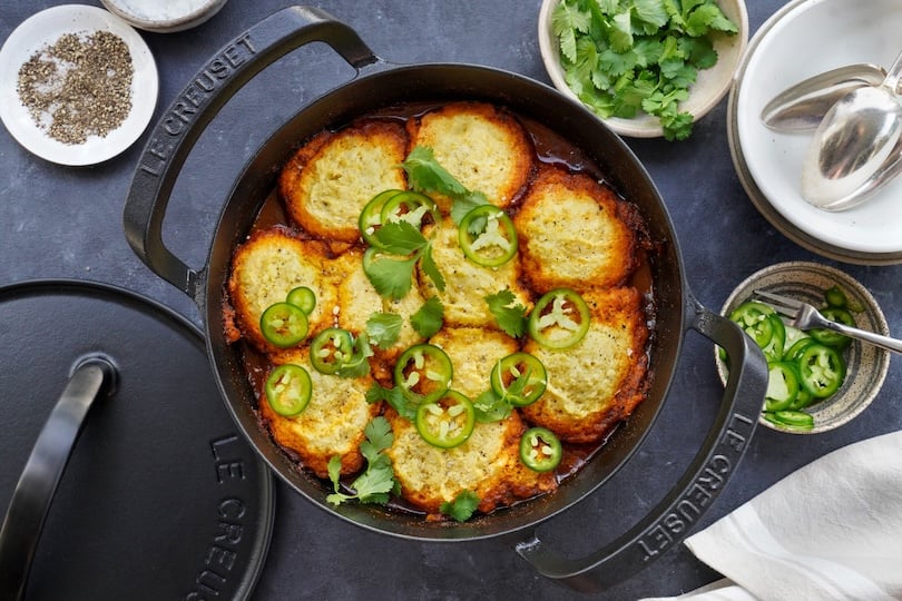 Red Chile Pork with Cornbread Dumplings